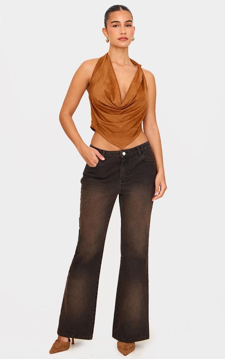 Tan Faux Suede Cowl Neck Knot Detail Long Top Product Image