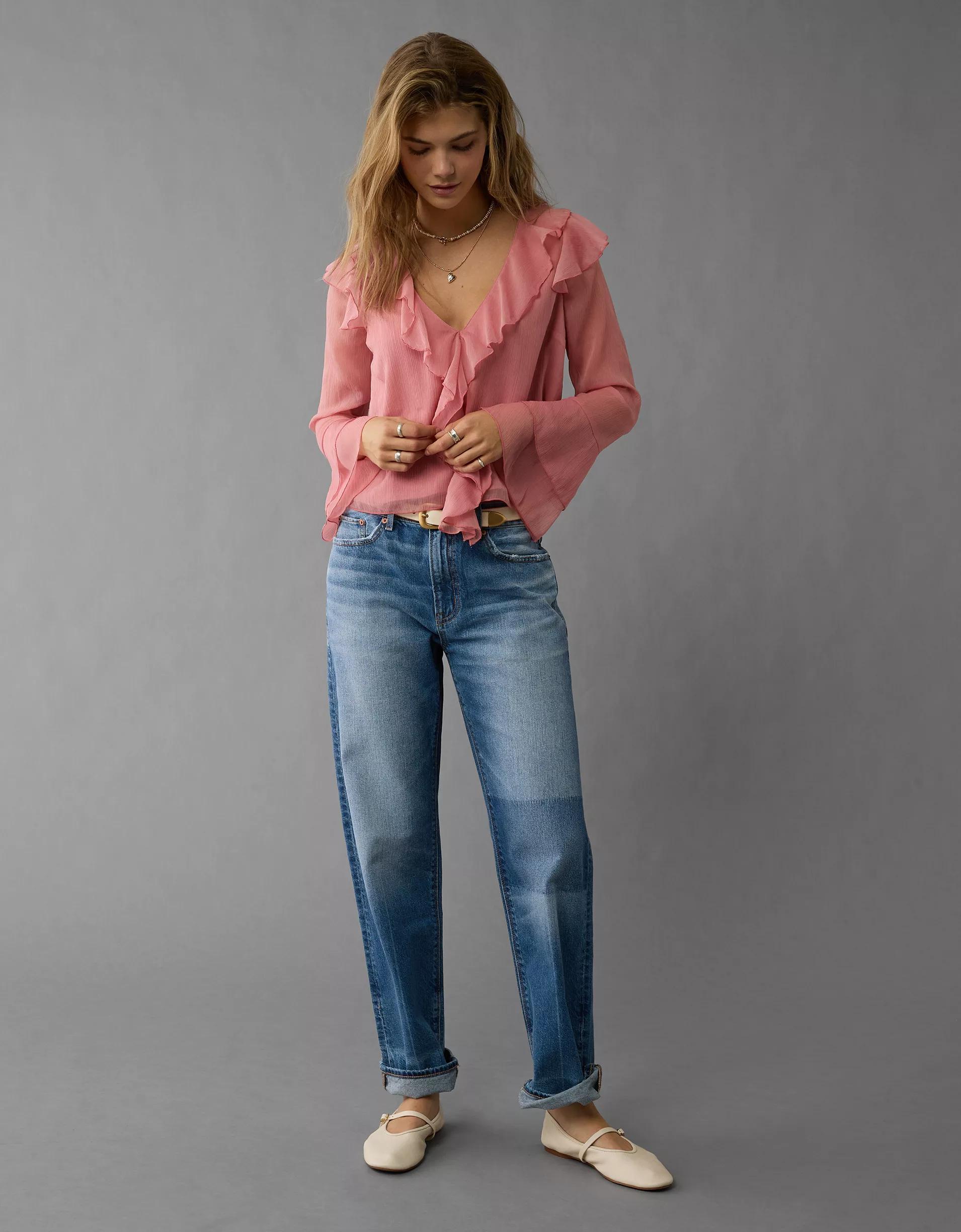 AE Long-Sleeve Chiffon Ruffle Blouse Product Image