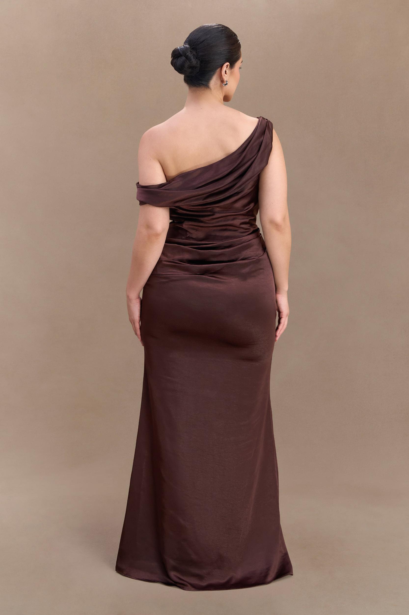 Dalia Off Shoulder Satin Maxi Dress - Dark Chocolate Product Image