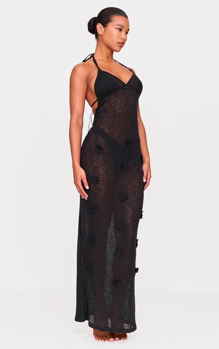 Black Floral Applique Knit Maxi Beach Dress Product Image