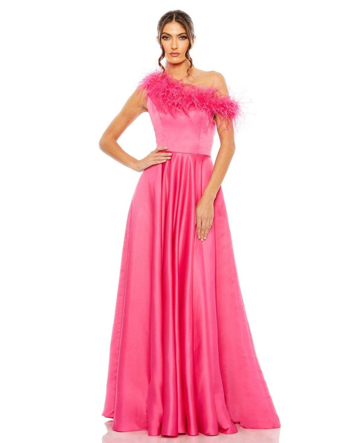 Mac Duggal Satin One Shoulder Sleeveless Feather Trim Gown Product Image