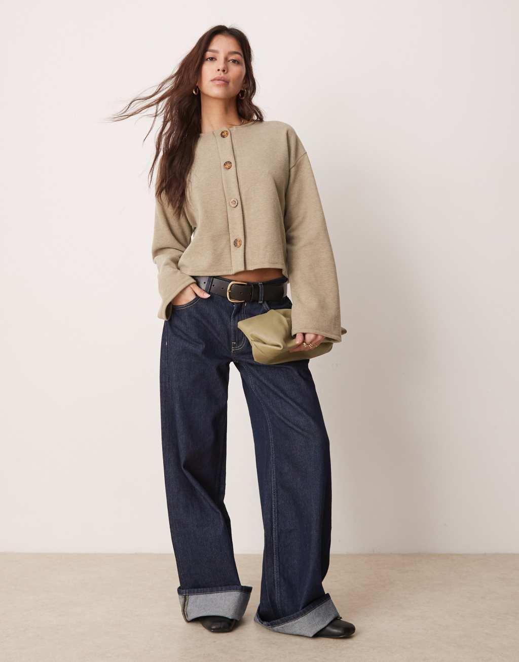 ASOS DESIGN soft touch crew neck cardigan in charcoal heather Product Image