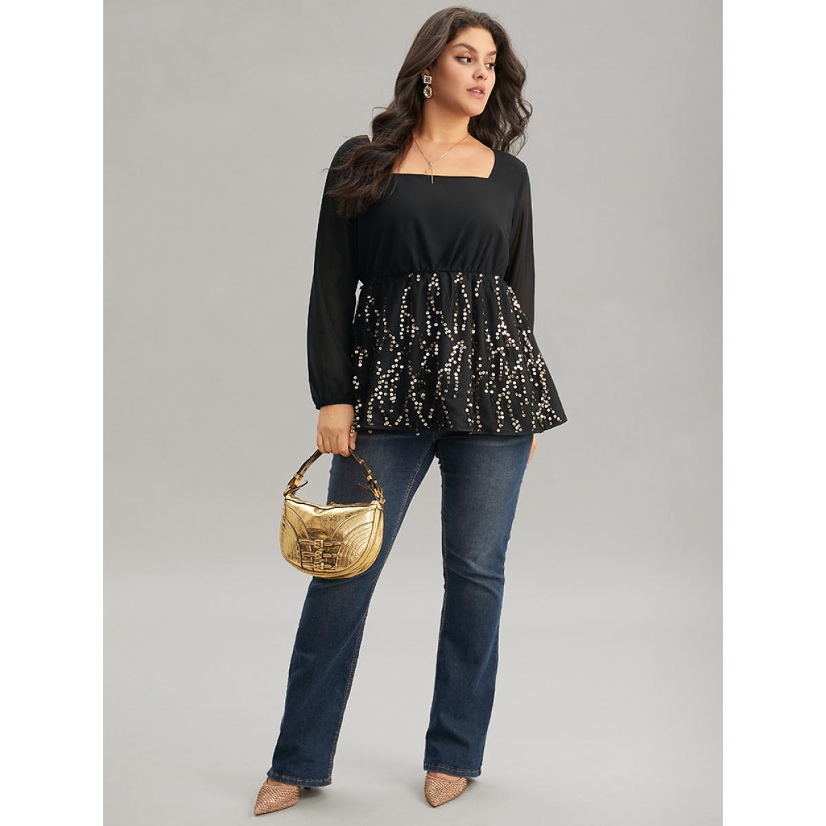 Plus Size Black Sequin Mesh Patchwork Square Neck Blouse Women Glamour Long Sleeve Square Neck Going out Blouses BloomChic 28/5X Product Image