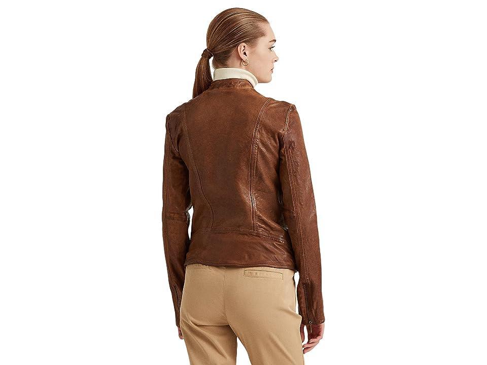 Lauren Ralph Lauren Tumbled-Leather Jacket (Dark Walnut) Women's Jacket Product Image