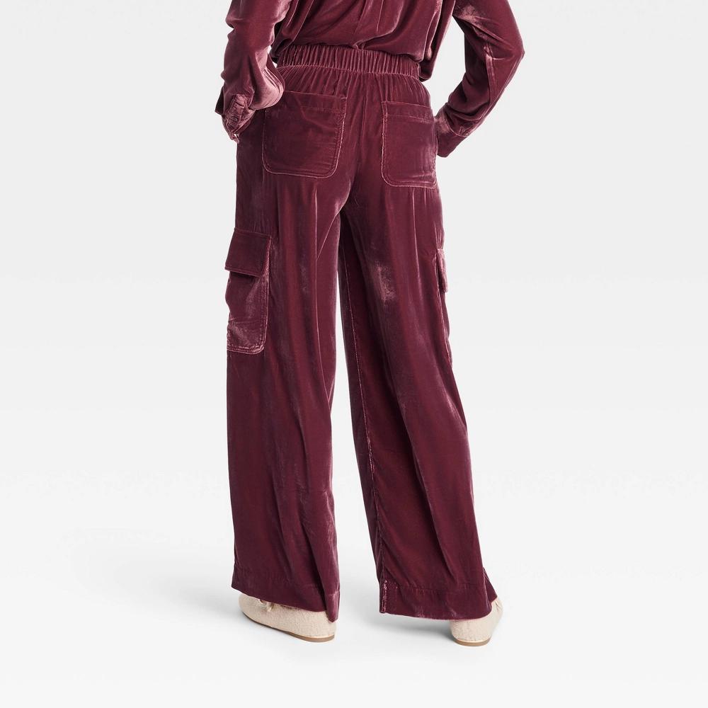 Womens Mid-Rise Wide Leg Velvet Cargo Pants - Universal Thread Maroon M: Recycled Polyester, Casual Fit, Elastic Waistband, 31 Inseam Product Image