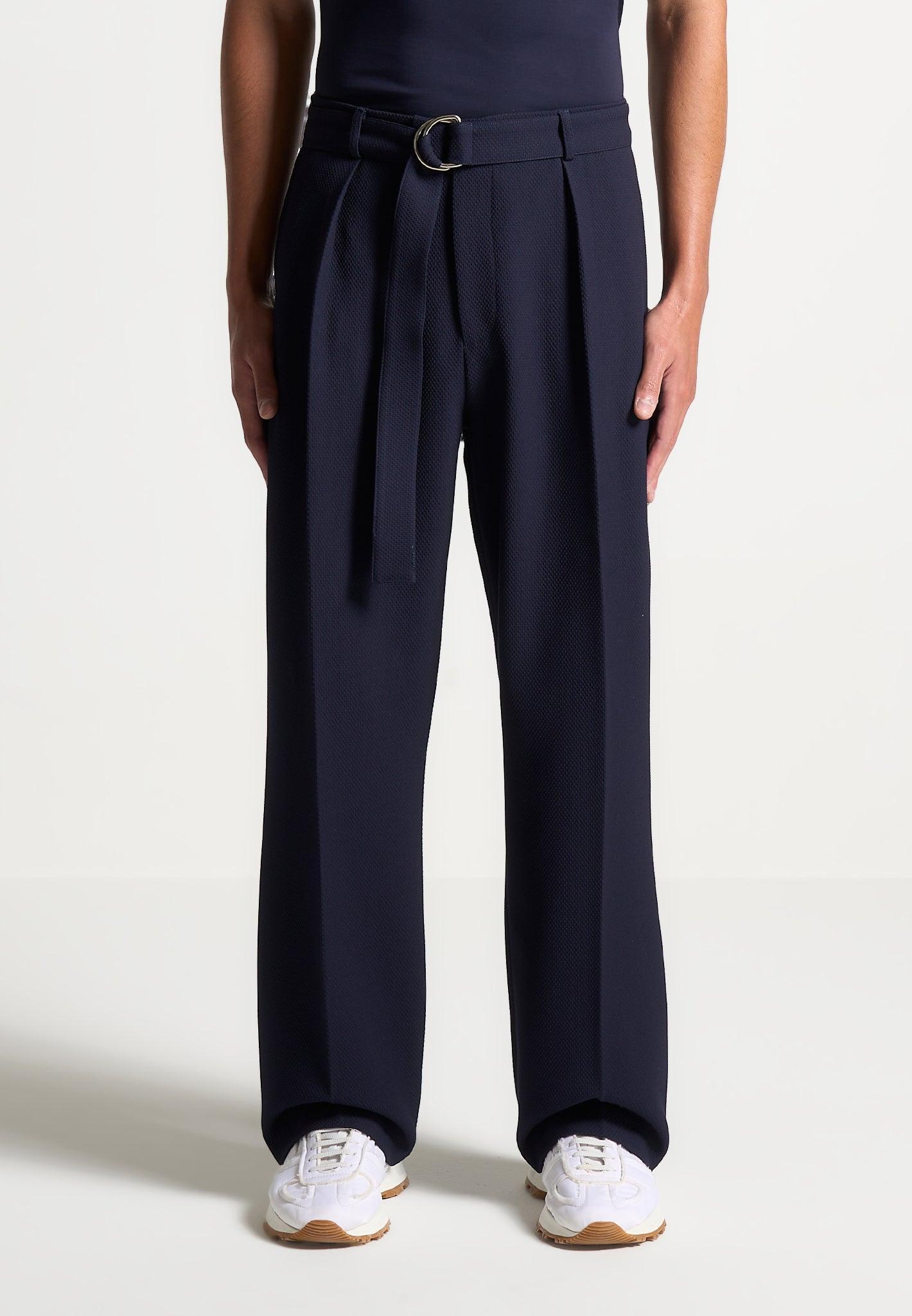Relaxed Fit Textured Belted Tailored Trousers - Navy Male Product Image