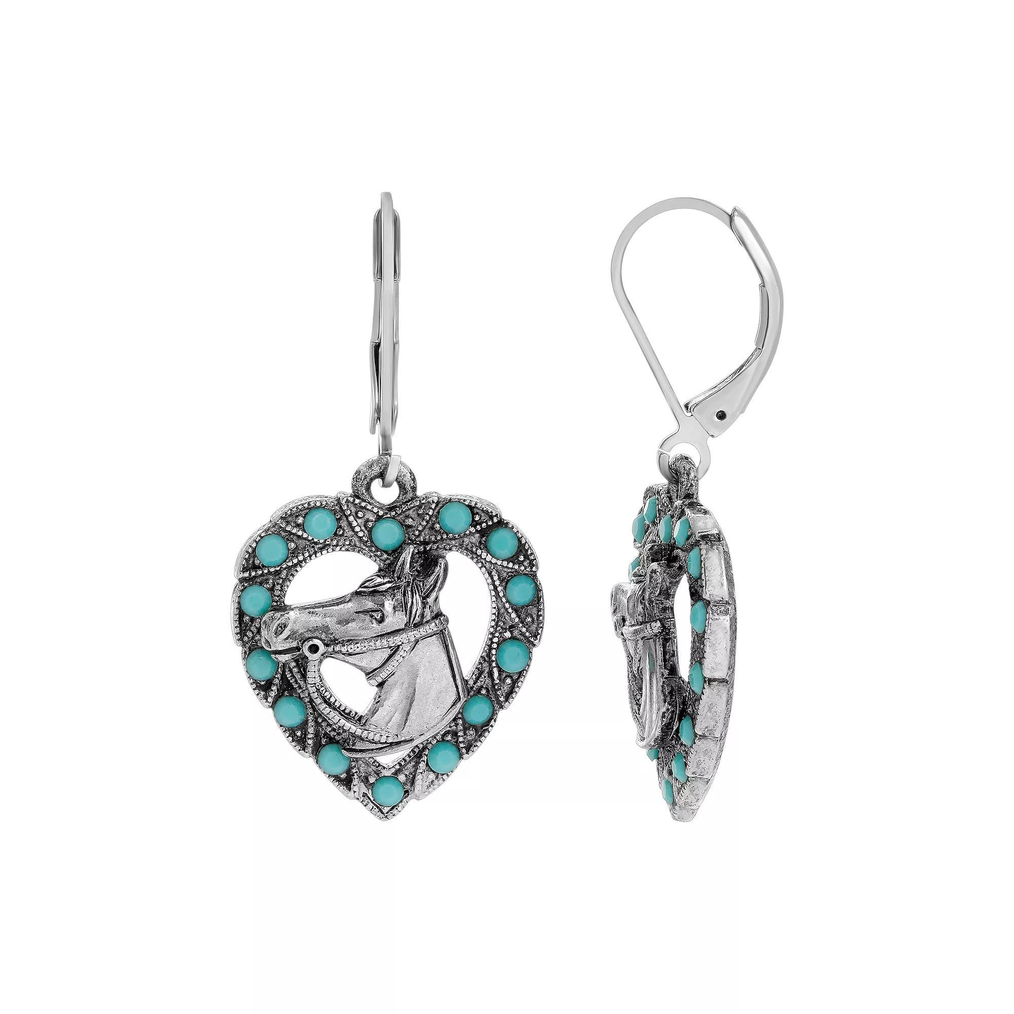 1928 Pewter Tone Turquoise Crystal Horse Head Heart Drop Earrings, Womens, Blue Product Image