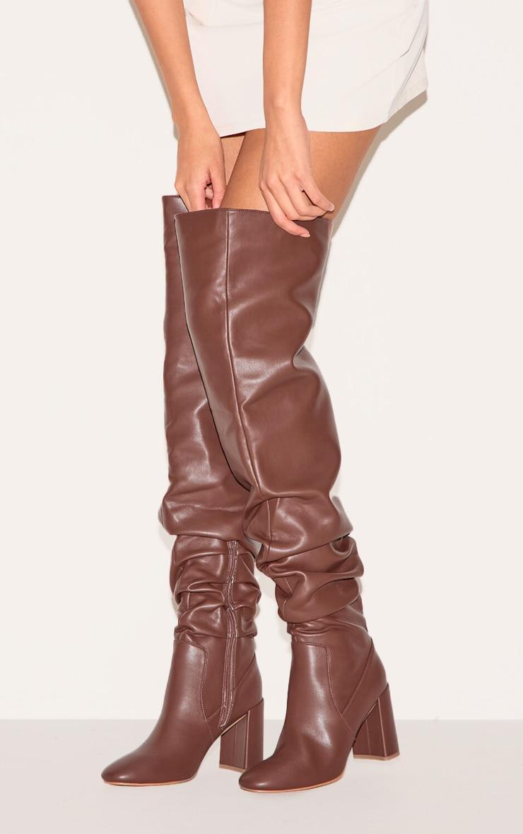 Brown PU Round Toe Ruched Over The Knee Block Heeled Boots Product Image