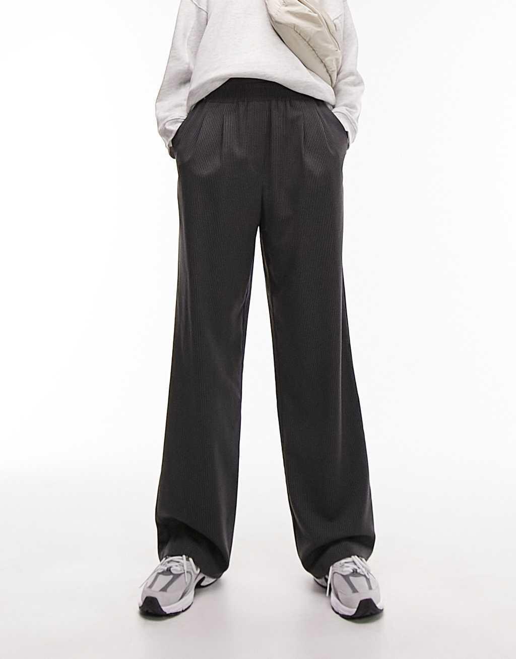 Topshop Tall pinstripe straight leg tailored sweatpants in gray  Product Image