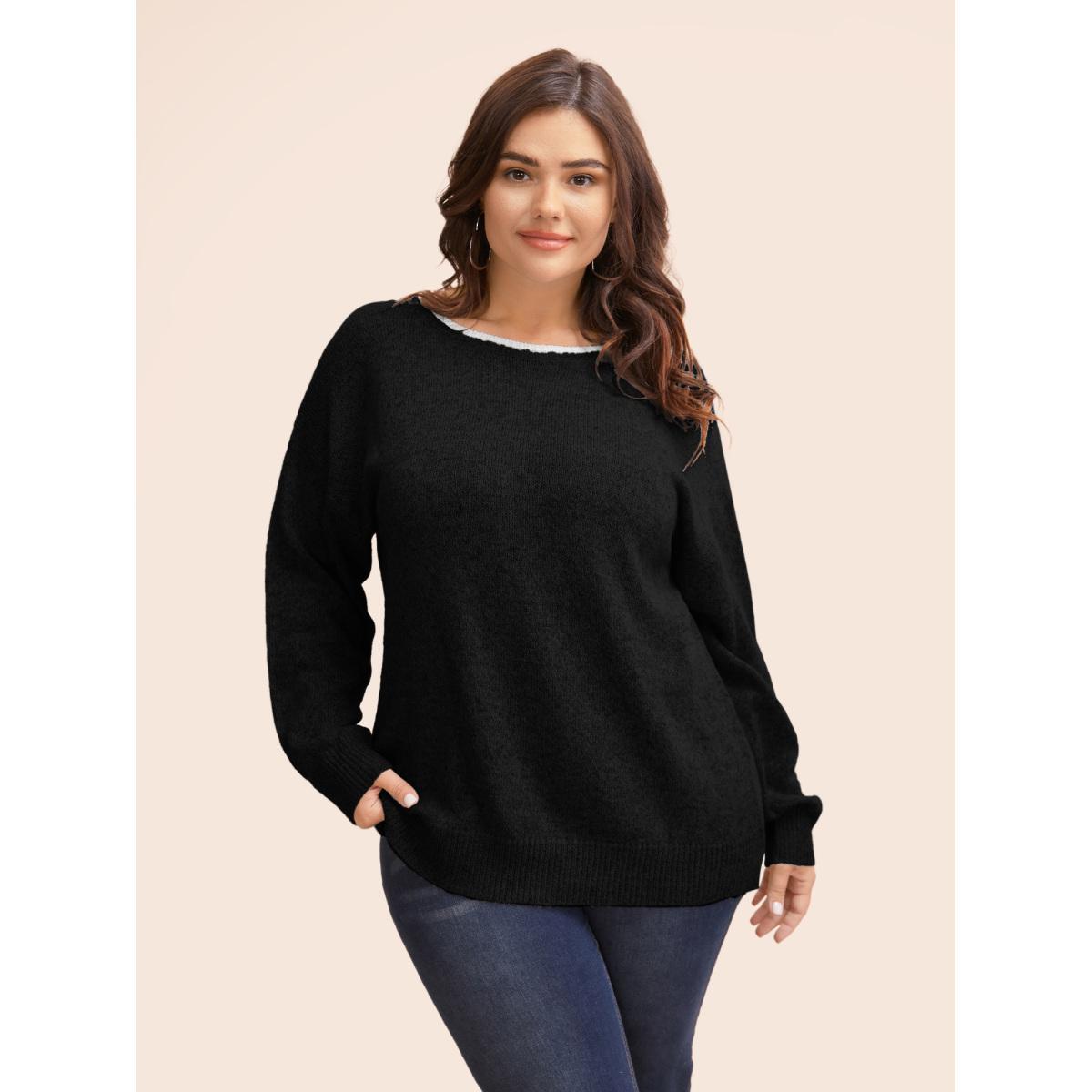 Plus Size Round Neck Bowknot Cut Out Pullover Black Women Casual Long Sleeve Round Neck Everyday Pullovers BloomChic 30/6X Product Image