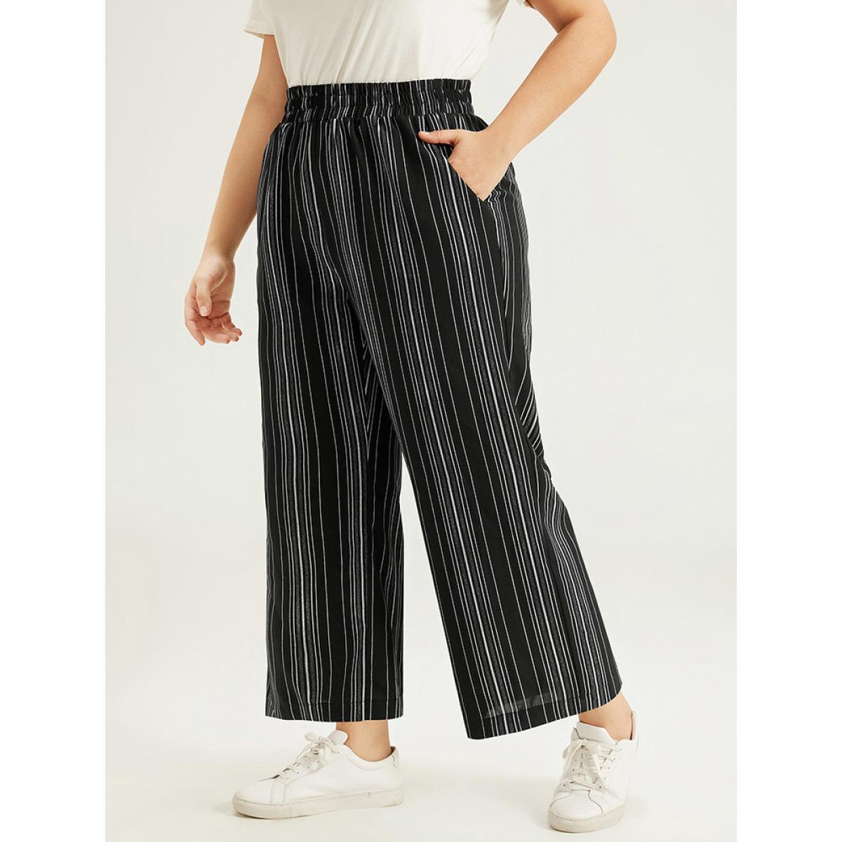Plus Size Striped Elastic Waist Straight Leg Pants Women Black Casual Straight Leg High Rise Dailywear Pants BloomChic 14-16/1X Product Image