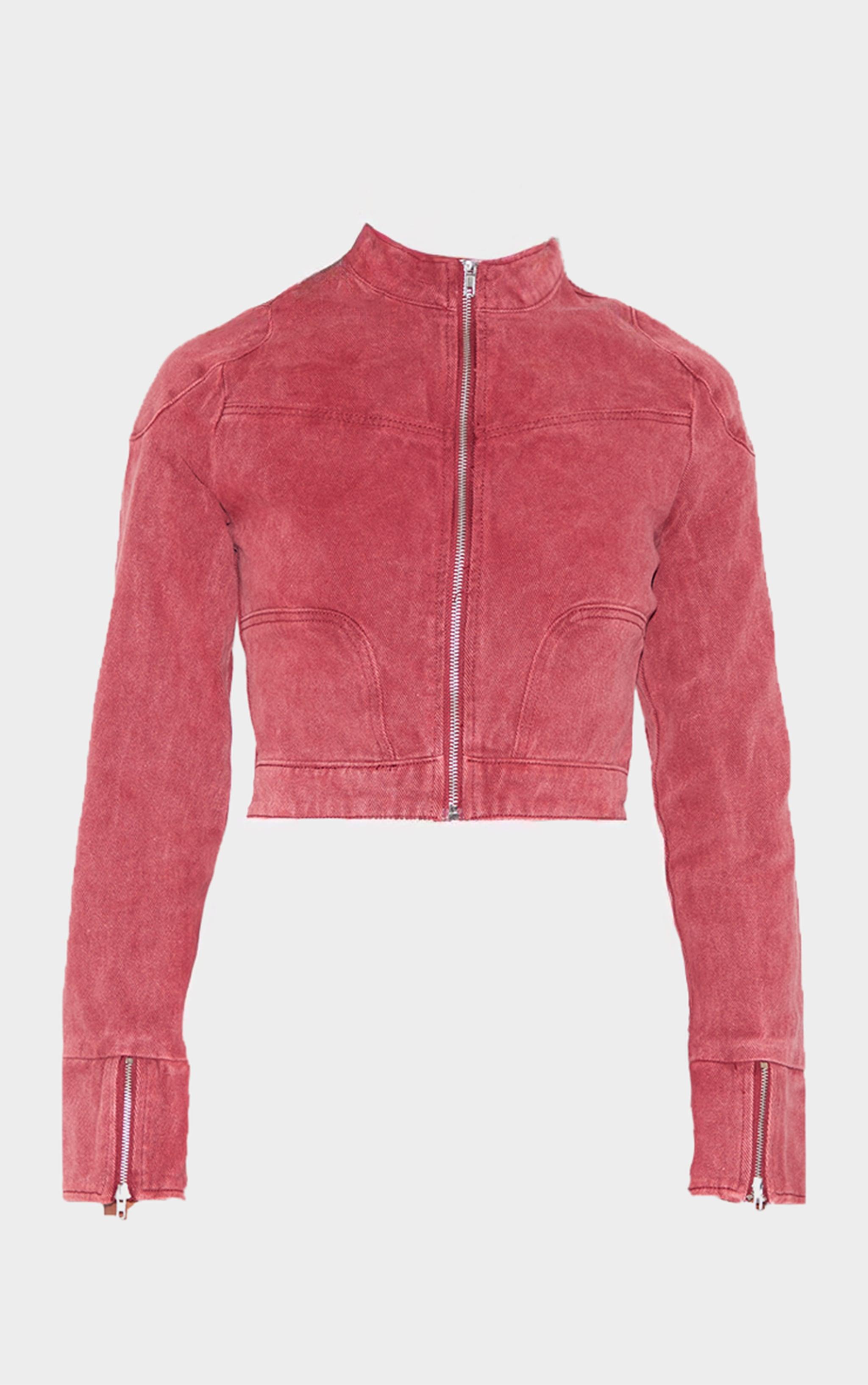 Washed Red Racer Neck Cropped Denim Jacket Product Image