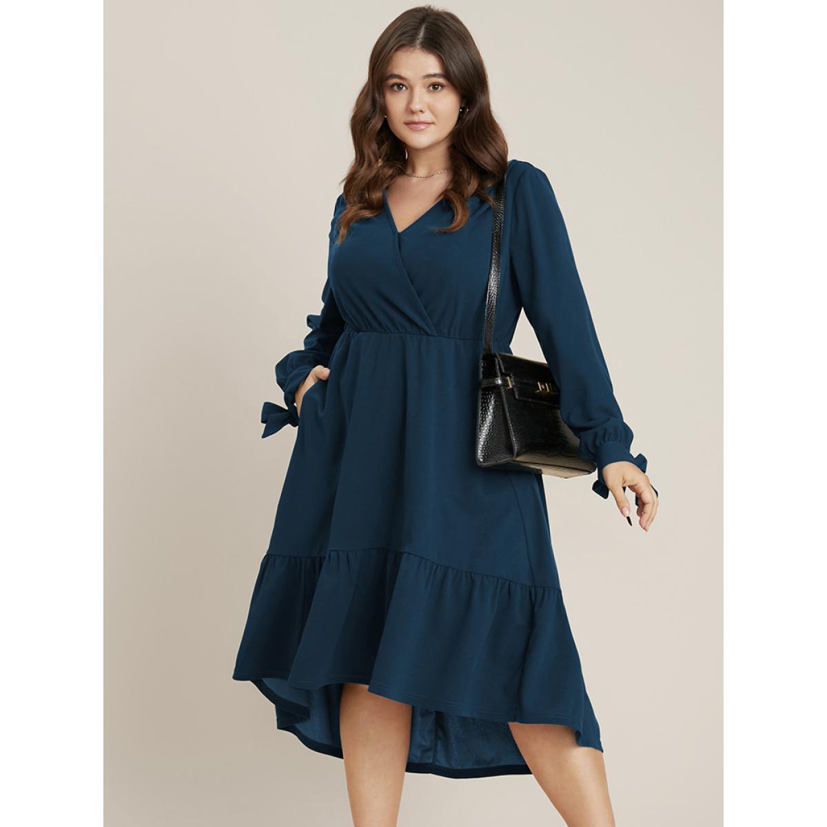 Plus Size Solid Knotted Sleeve Pocket Wrap Ruffle Asymmetrical Hem Dress Aegean Women Office Plain V-neck Long Sleeve Curvy Midi Dress BloomChic 28/5X Product Image