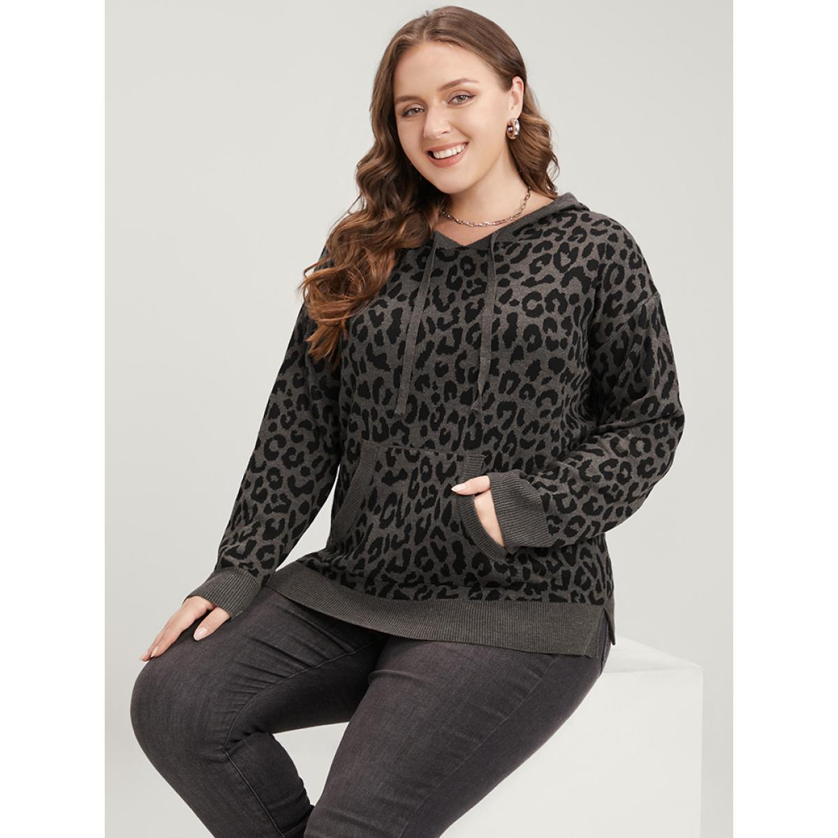 Plus Size Leopard Contrast Pointelle Knit Pocket Drawstring Hooded Knit Top DimGray Women Casual Long Sleeve Hooded Dailywear Pullovers BloomChic 22-24/3X Product Image