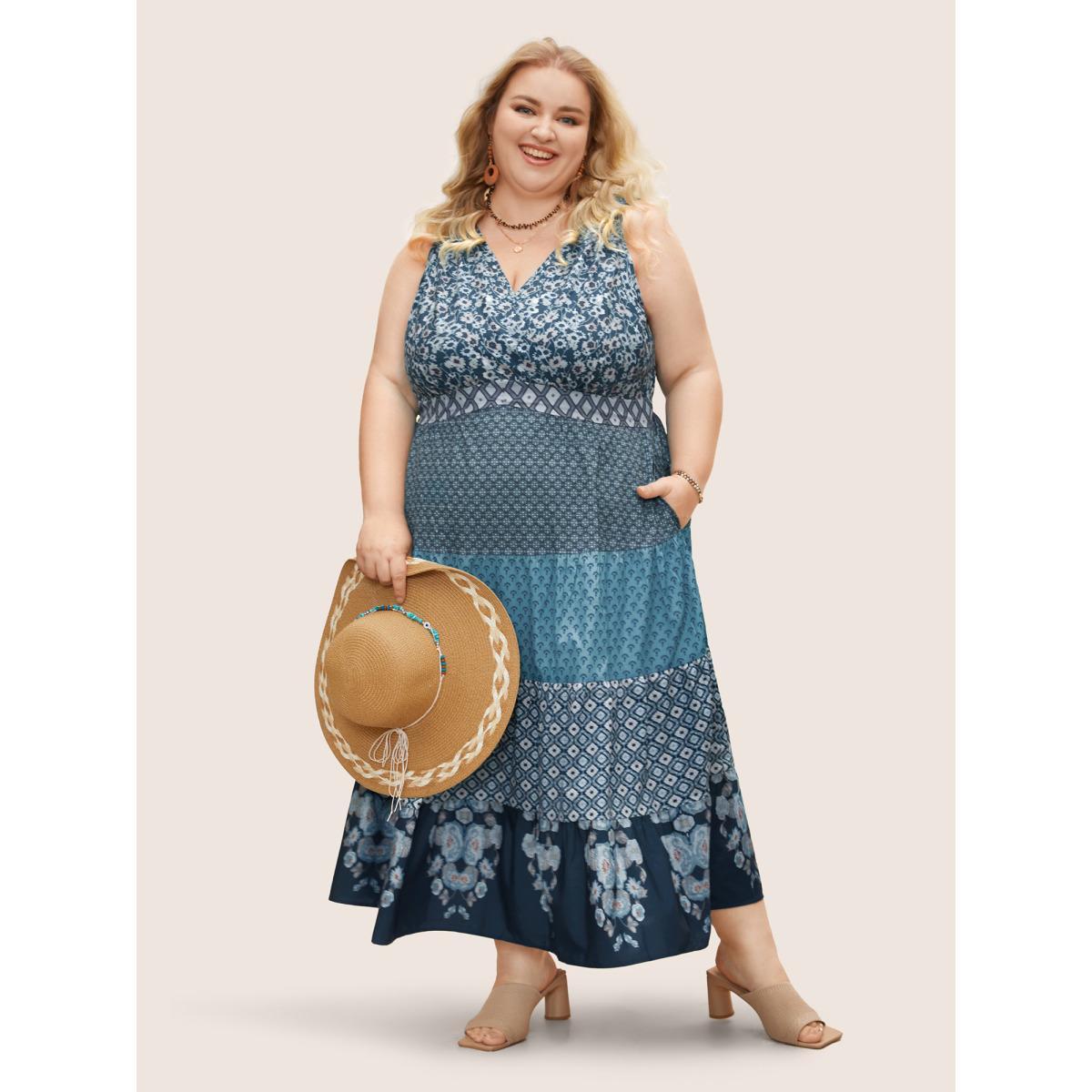 Plus Size Bandana Patchwork Floral Sleeveless Dress Aegean Women Resort Pleated V-neck Sleeveless Curvy BloomChic 12/L Product Image
