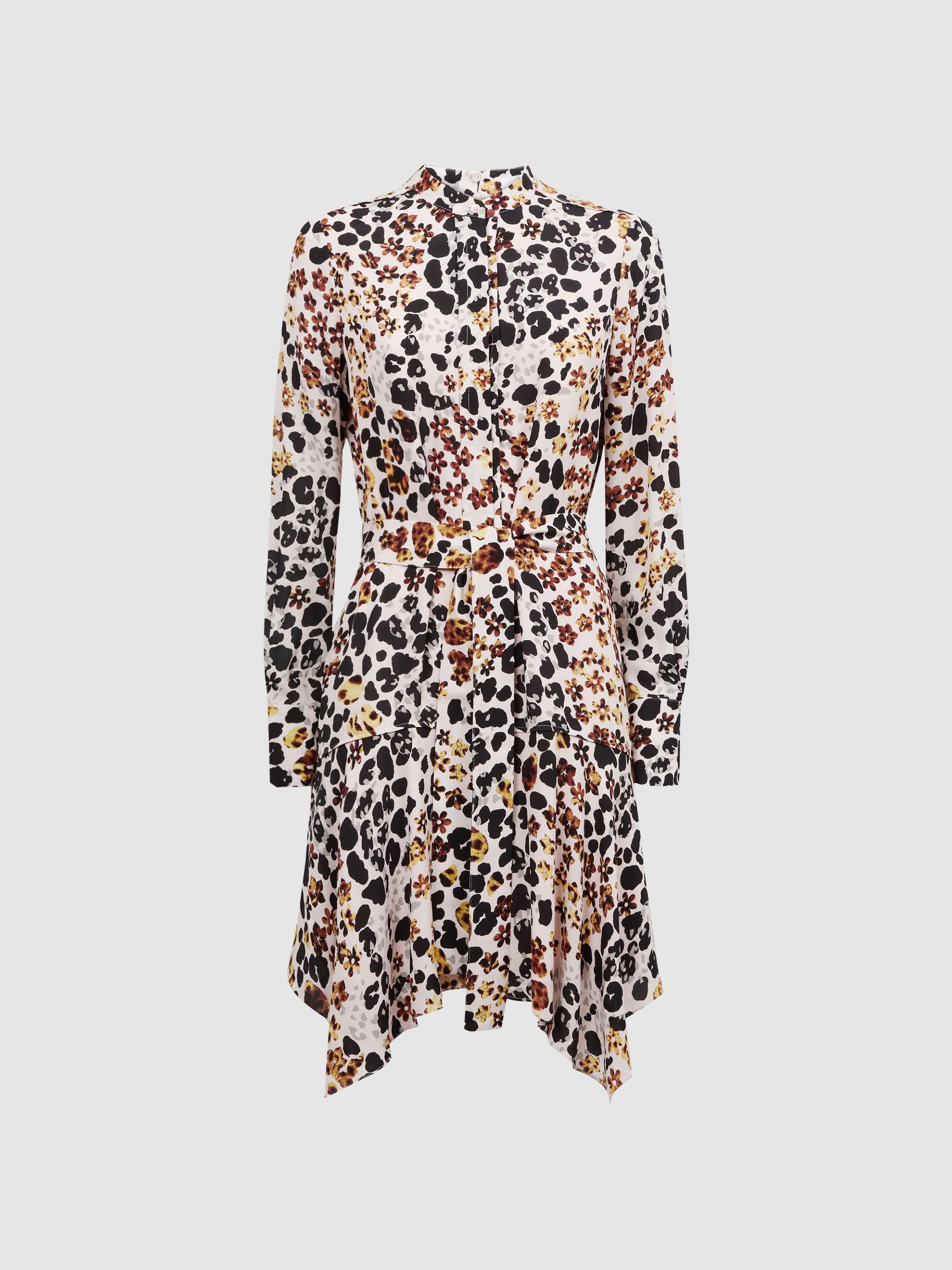 Animal Print Asymmetric Belted Dress in Nude/Black Product Image