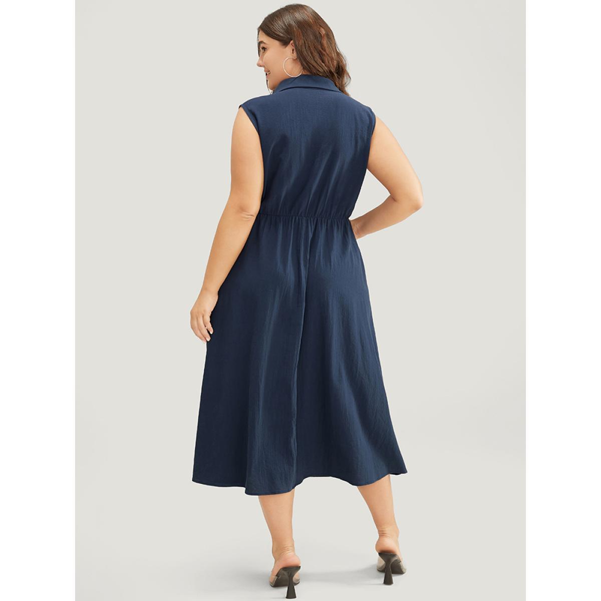 Plus Size Solid Shirt Collar Sleeveless Pocket Button Up Split Hem Dress Indigo Women Office Button Shirt collar Sleeveless Curvy Midi Dress BloomChic 14-16/1X Product Image