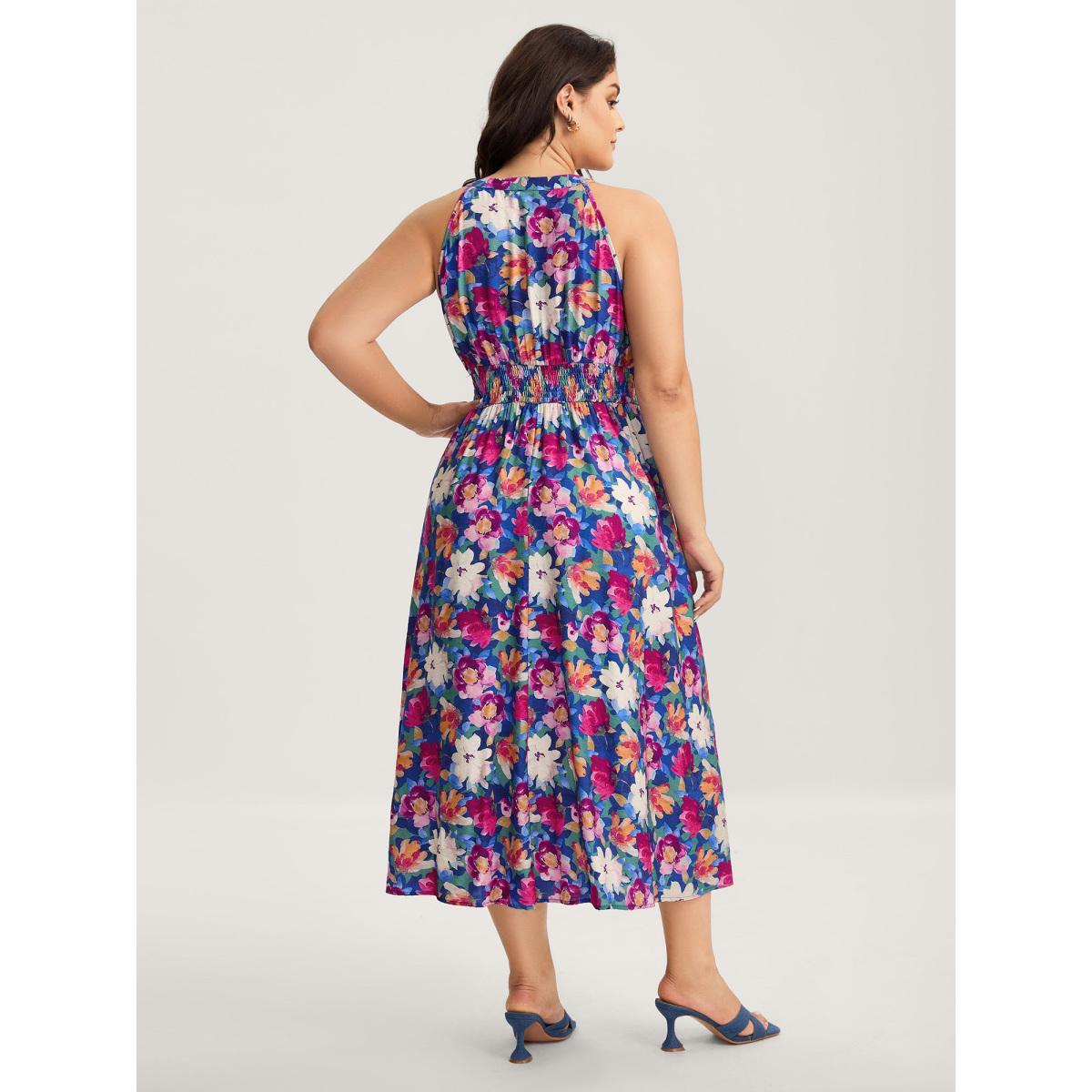 Plus Size Color Block Floral Shirred Waist Midi Dress Multicolor Women Round Neck Sleeveless Curvy BloomChic 14-16/1X Product Image