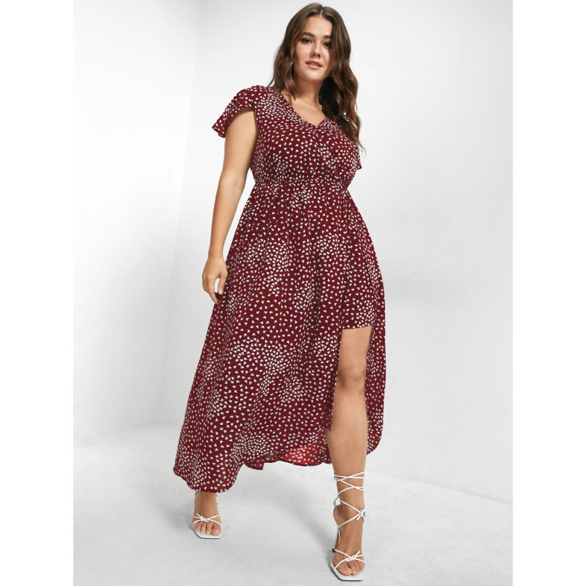 Plus Size V Neck Butterfly Pattern Split Dress Maroon Women Elegant Gathered V-neck Cap Sleeve Curvy Midi Dress BloomChic 20/2X Product Image