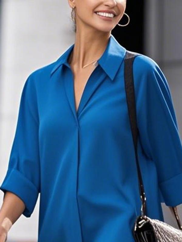 Long Sleeves Loose Solid Color Split-Joint Lapel Midi Dresses Shirt Dress Product Image