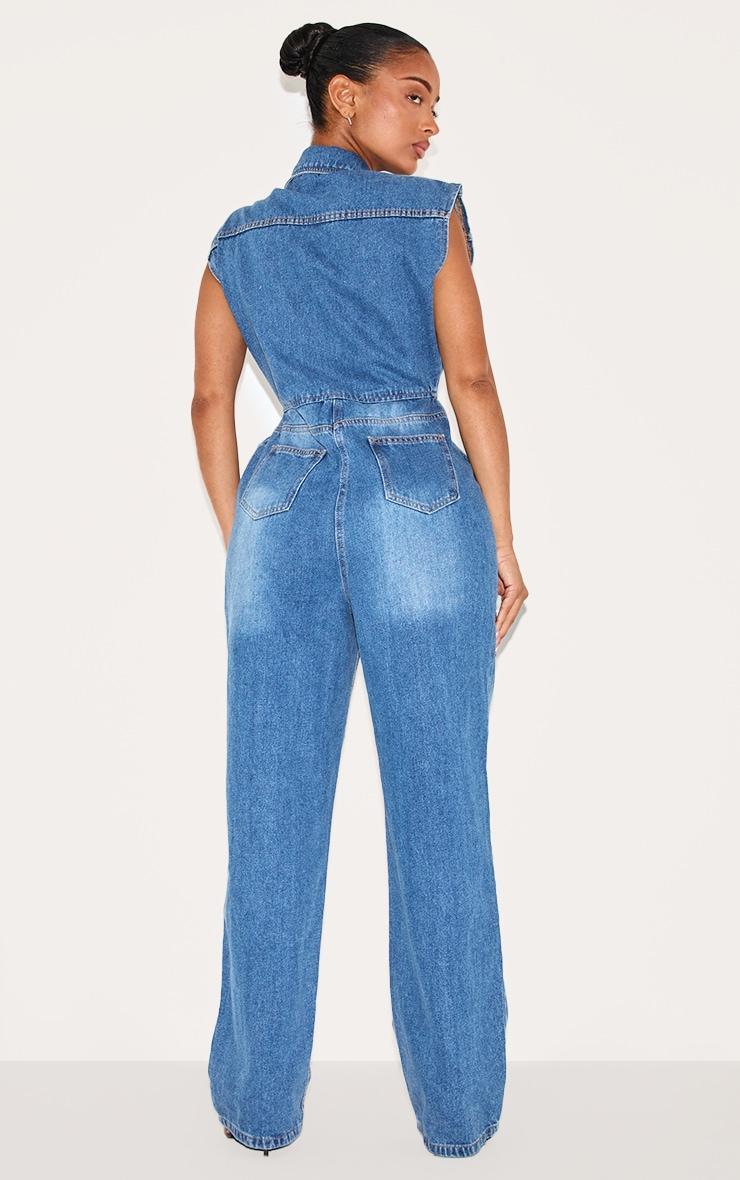 Shape Mid Blue Wash Sleeveless Rigid Denim Jumpsuit Product Image