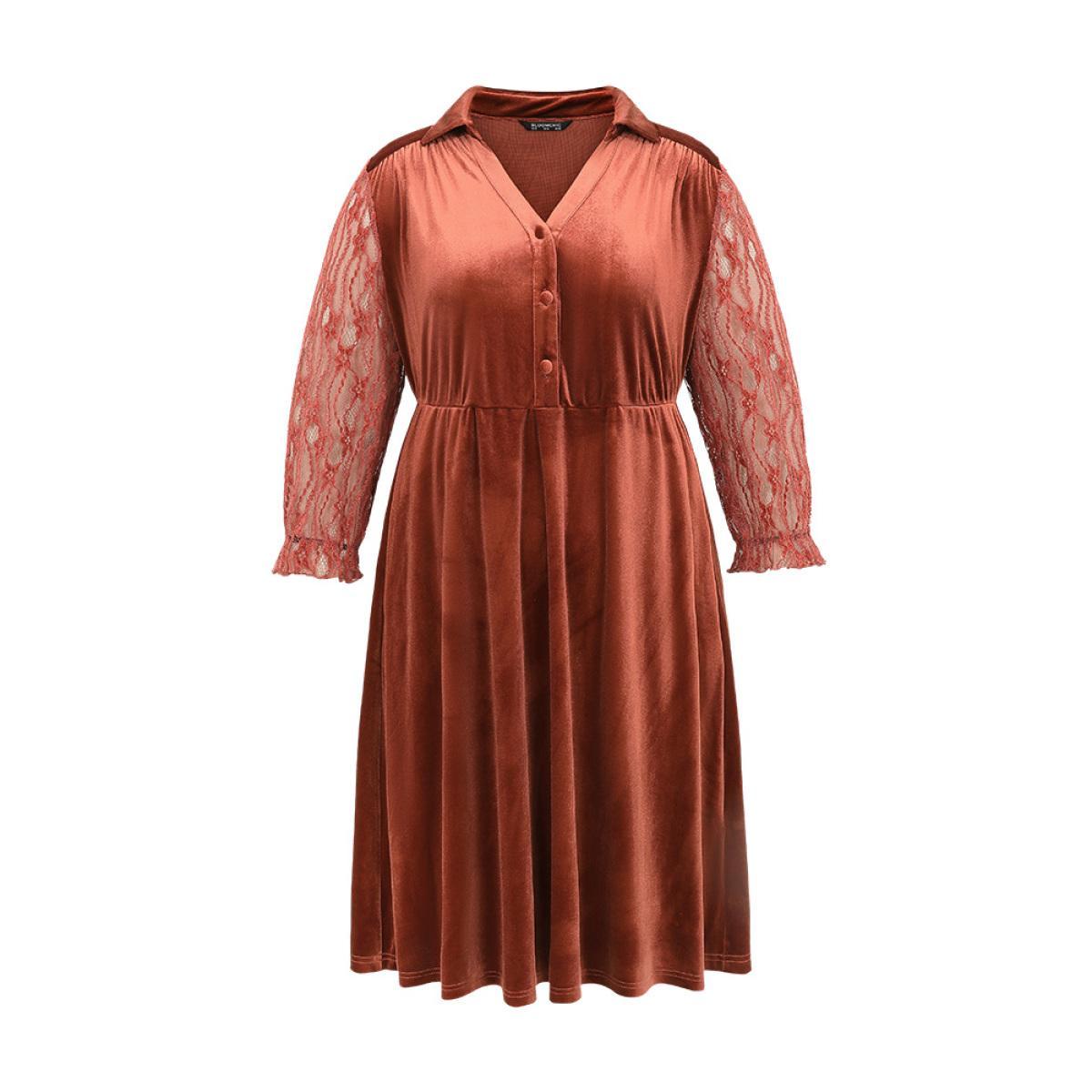 Plus Size Velvet Solid Guipure Lace Flutter Sleeve Dress Russet Women Elegant Velvet Lapel Collar Long Sleeve Curvy Midi Dress BloomChic 28/5X Product Image