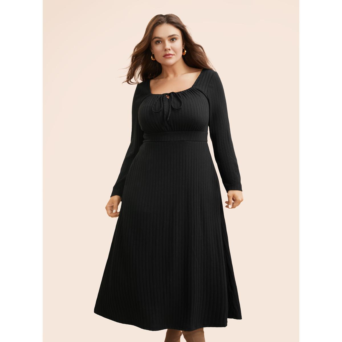 Plus Size Square Neck Rib Knit Drawstring Dress Black Women Elegant Texture Square Neck Long Sleeve Curvy BloomChic 26/4X Product Image