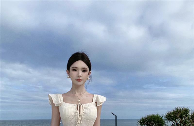 Cold-Shoulder Plain Ruffled Midi Sundress Product Image