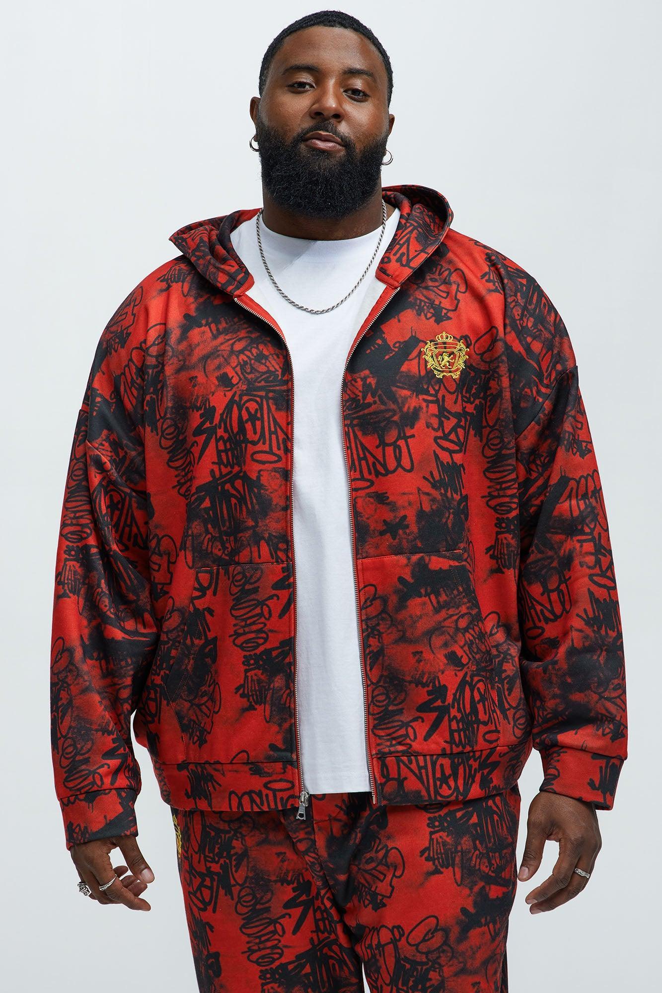 Vandal Oversized Graffiti Zip Up Hoodie - Red Product Image