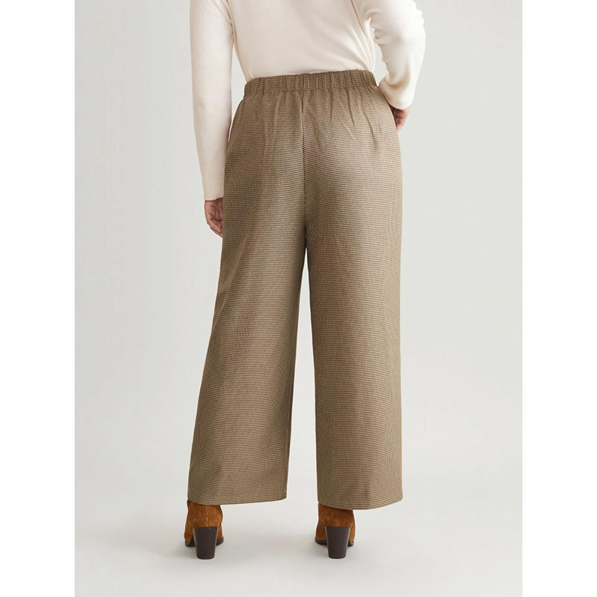 Plus Size Houndstooth Elastic Waist High Rise Straight Leg Pants Women Tan Office Straight Leg High Rise Work Pants BloomChic 18-20/2X Product Image