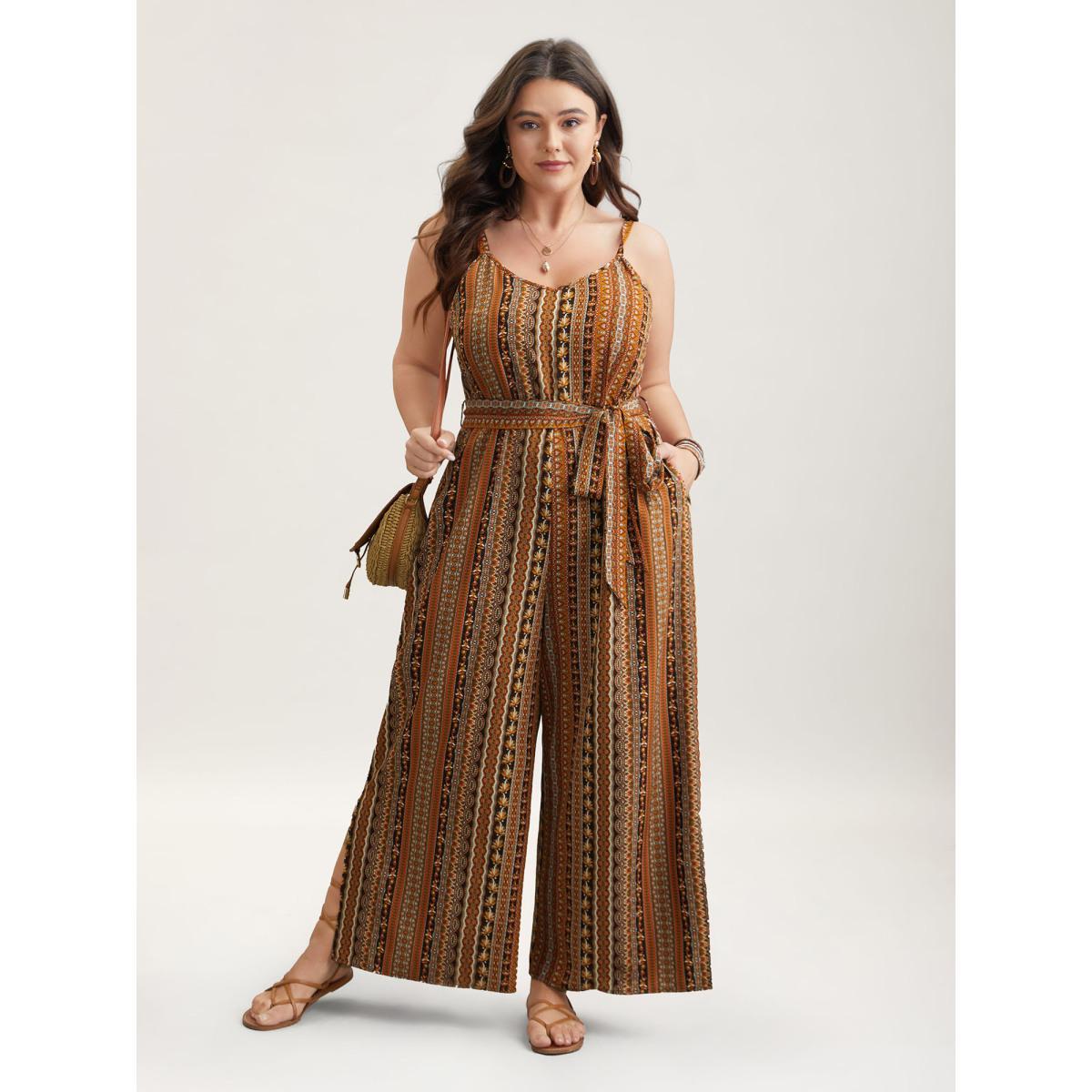 Plus Size DarkBrown Boho Stripes Belted Straight Leg Jumpsuit Women Resort Sleeveless V-neck Vacation Loose Jumpsuits BloomChic 12/L Product Image