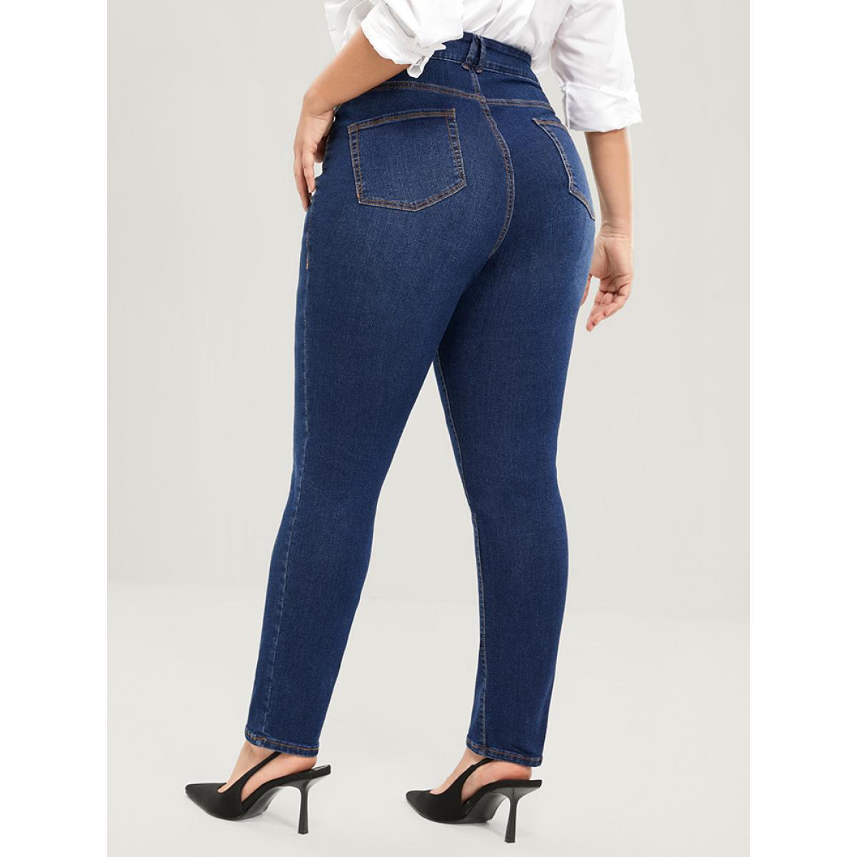 Plus Size Straight Very Stretchy High Rise Dark Wash Jeans Women DarkBlue Casual Plain Plain High stretch Pocket Jeans BloomChic 28/5X Product Image