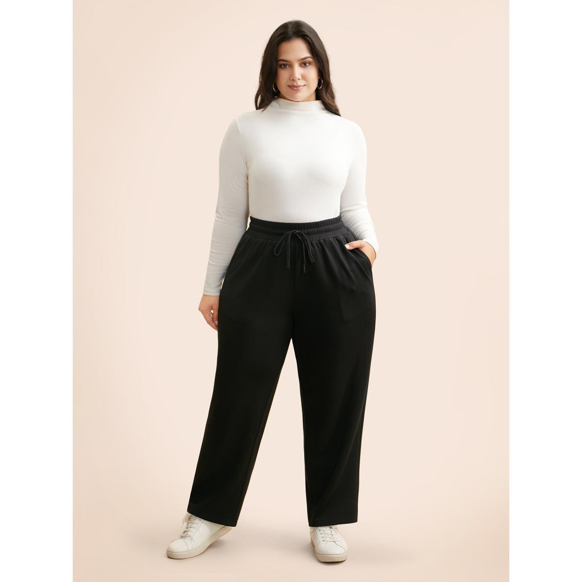Plus Size Supersoft Straight-Leg Pants Women Black Casual Straight Leg Mid Rise Everyday Pants BloomChic 10/M Product Image