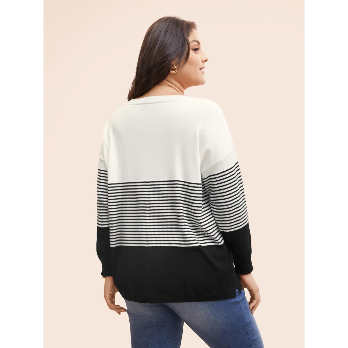 Plus Size Supersoft Essentials Striped Contrast Pullover Midnight Women Workwear Essentials Long Sleeve V-neck Work Pullovers BloomChic 14-16/1X Product Image
