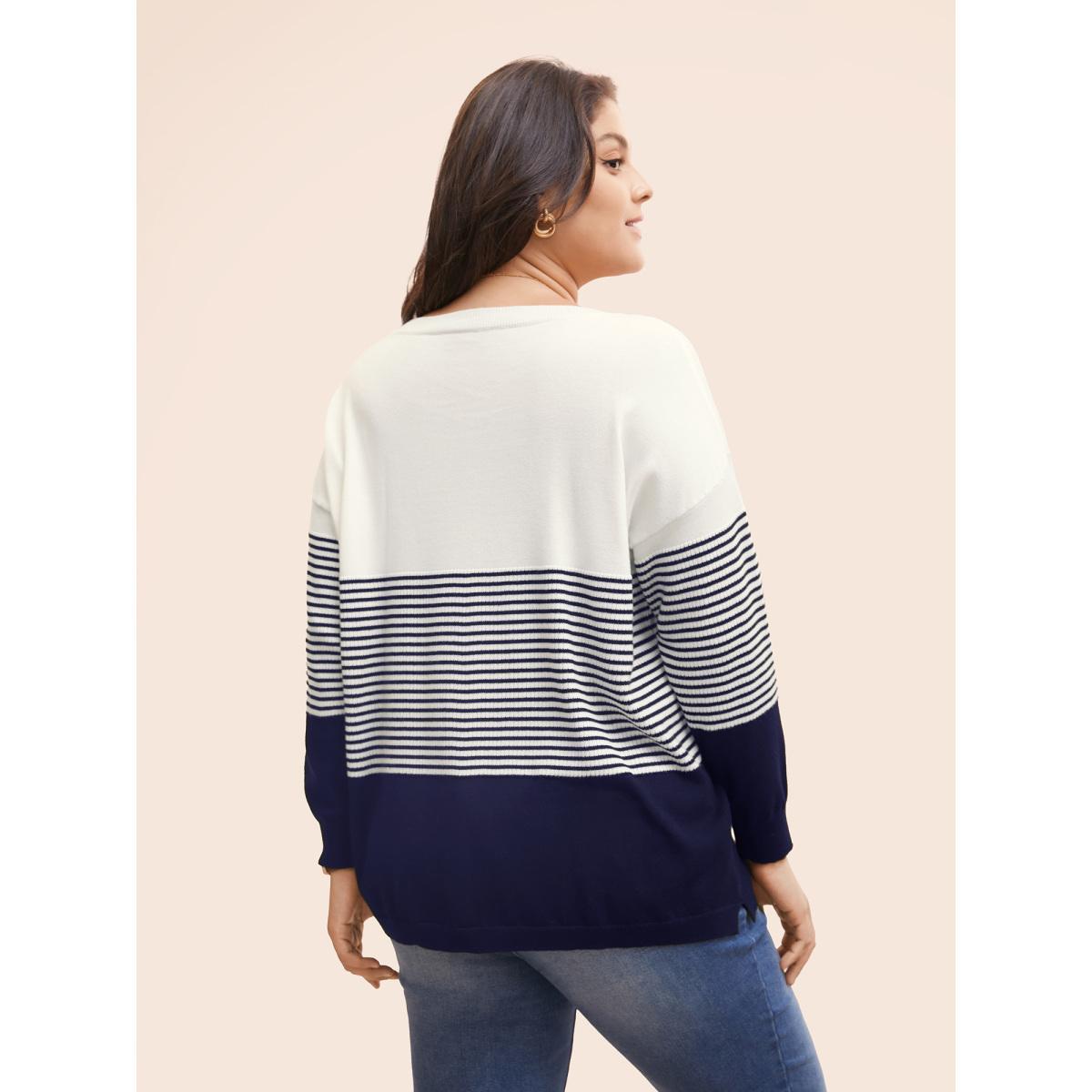 Plus Size Supersoft Essentials Striped Contrast Pullover Midnight Women Workwear Essentials Long Sleeve V-neck Work Pullovers BloomChic 14-16/1X Product Image