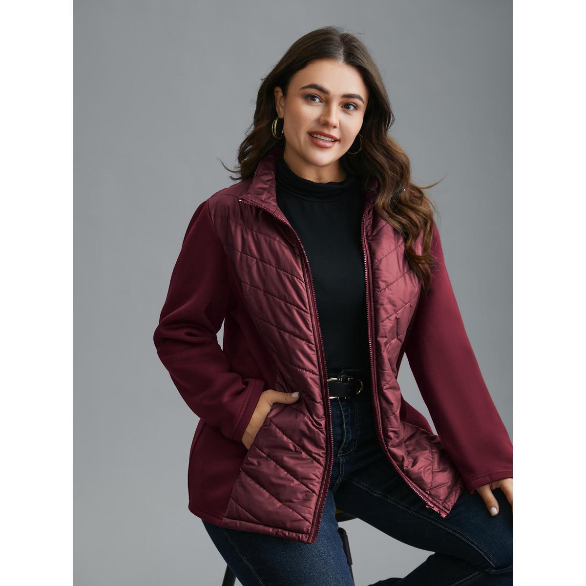 Plus Size Funnel Neck Contrasting Design Zipper Coat Women Burgundy Casual Topstitching Ladies Everyday Winter Coats BloomChic 22-24/3X Product Image
