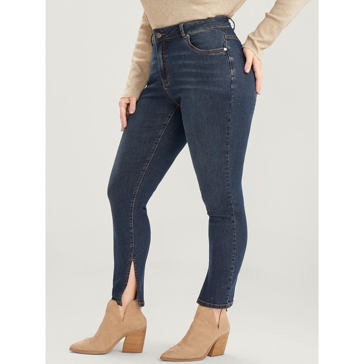 Plus Size Mom Jeans Skinny Moderately Stretchy High Rise Medium Wash Split Jeans Women Indigo Casual Plain Medium stretch Pocket Jeans BloomChic 26/4X Product Image