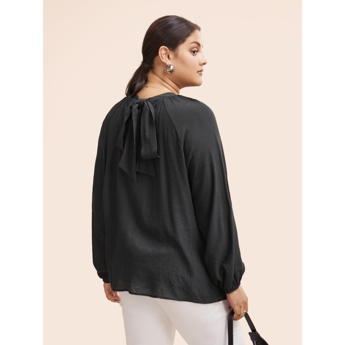 Plus Size Black Textured Ribbon Collar Blouse Women At the Office Long Sleeve Ribbon-tied collar Work Blouses BloomChic 14-16/1X Product Image