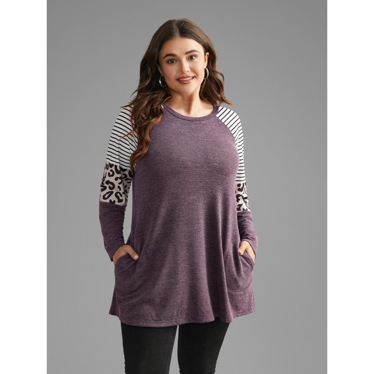 Plus Size Striped Patchwork Leopard Pocket T-shirt Eggplant Women Casual Contrast Round Neck Loose Everyday T-shirts BloomChic 30/6X Product Image