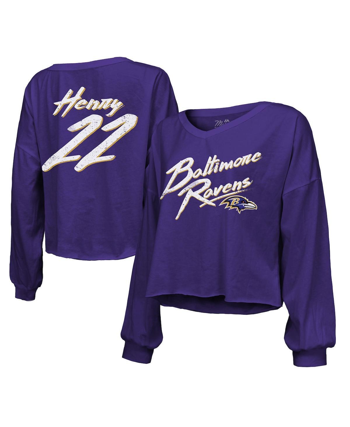 Women's Majestic Threads Derrick Henry Purple Baltimore Ravens Name & Number Off-Shoulder Script Cropped Long Sleeve V-Neck T-Shirt, Size: Large Product Image