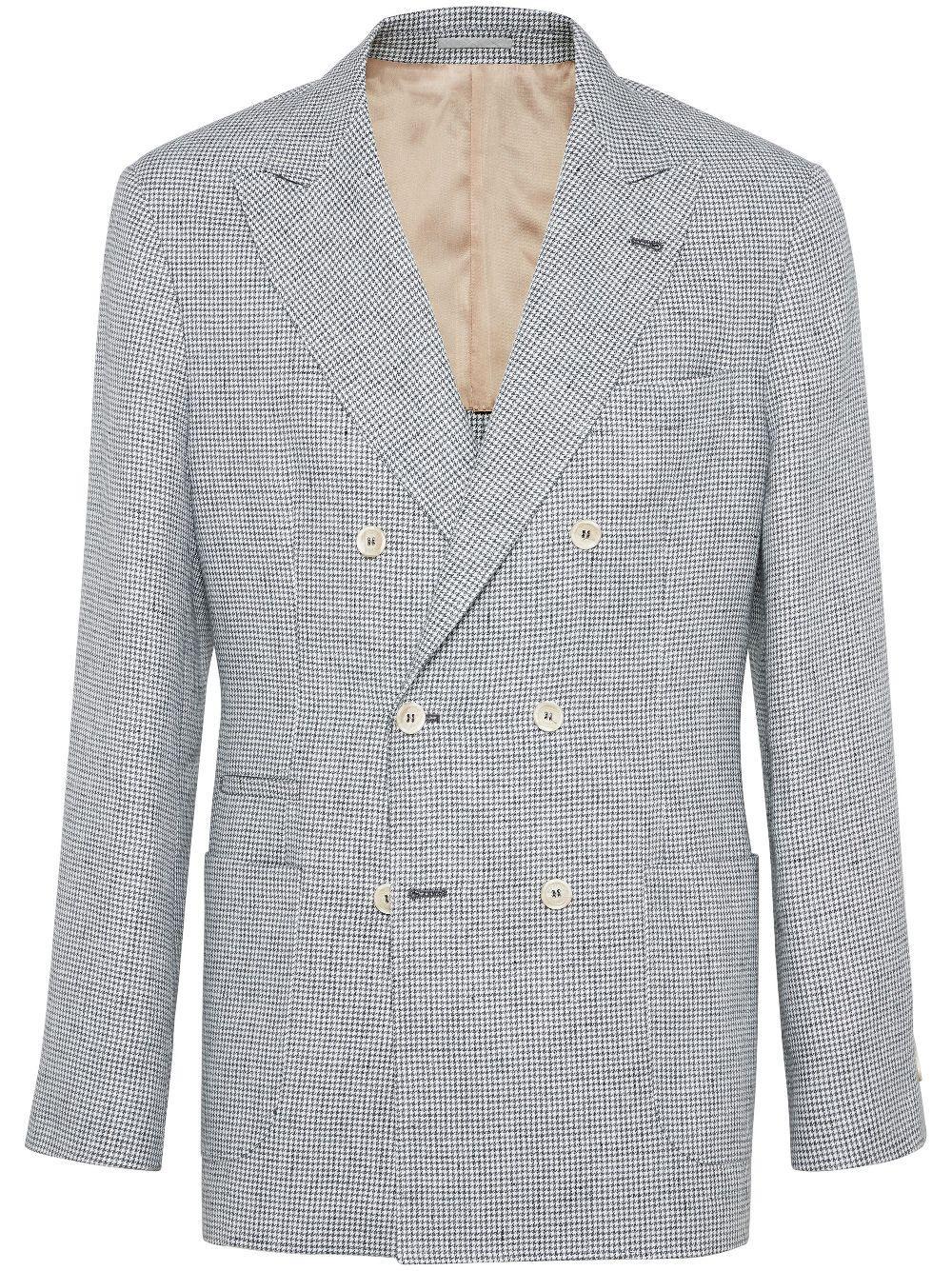 BRUNELLO CUCINELLI Double-breasted Puppytooth Linen Suit Jacket In Grey Product Image