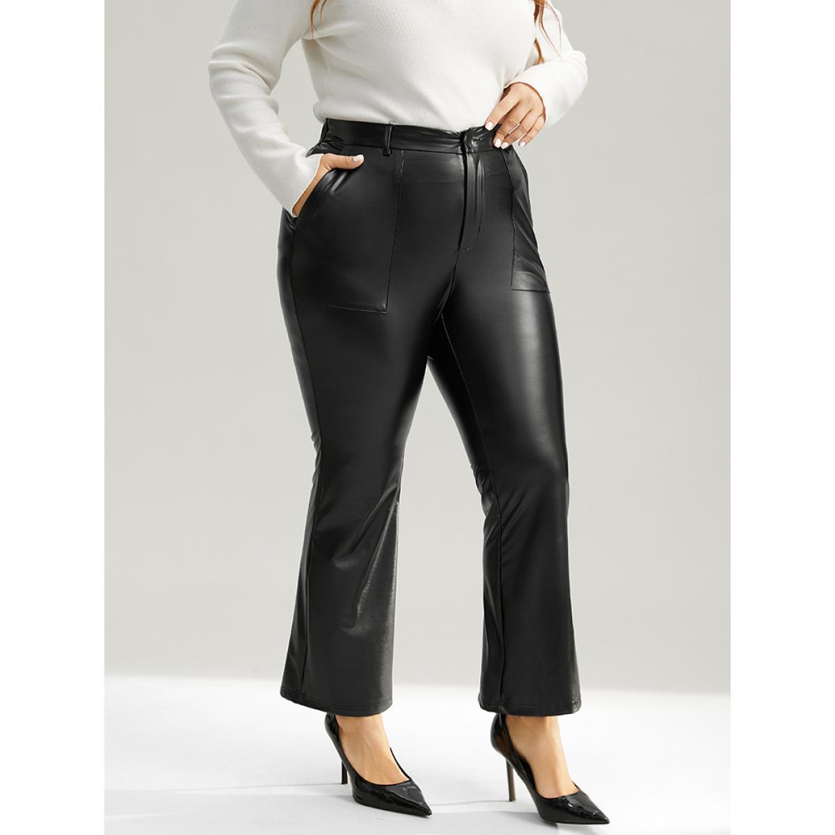 Plus Size Plain PU Leather Pocket Bootcut Pants Women Black Party Flare Leg High Rise Going out Pants BloomChic 26/4X Product Image