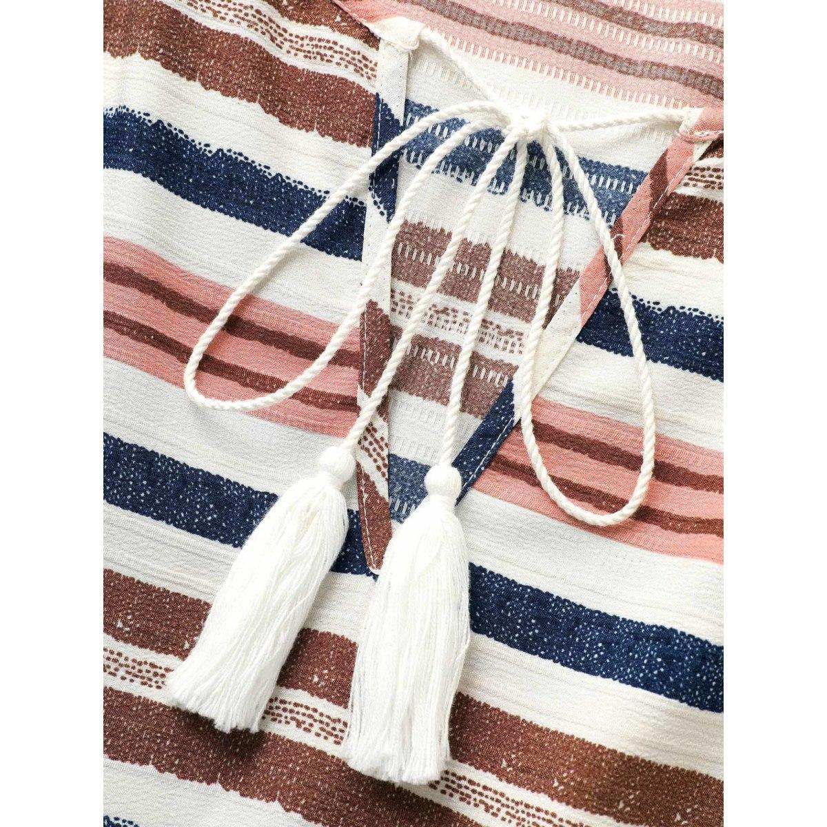 Plus Size Striped Elastic Waist Tassel Trim Gathered Dress Originalwhite Women Resort Flat collar with V-notch Short sleeve Curvy BloomChic 14-16/1X Product Image