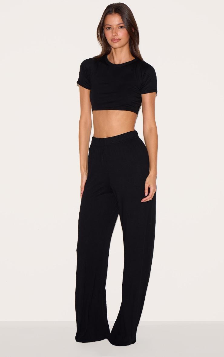 Black Cropped T-Shirt And Wide Leg  PJ Set Pants Product Image