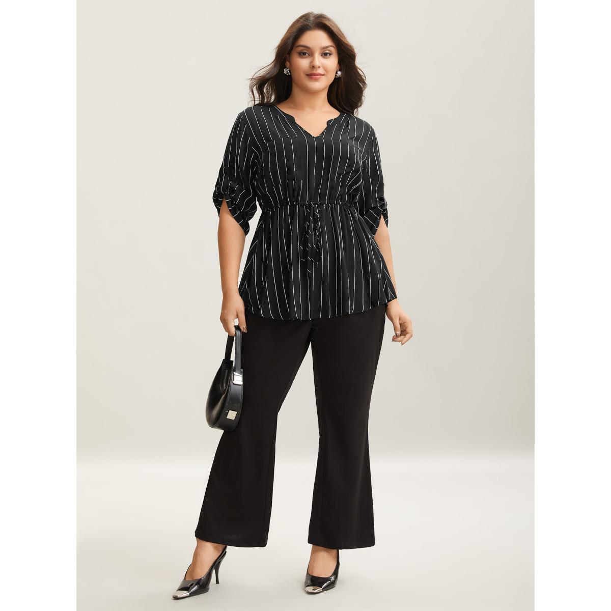 Plus Size Black Striped Waist-Tie Pockets Blouse Women At the Office Elbow-length sleeve Notched collar Work Blouses BloomChic 30/6X Product Image