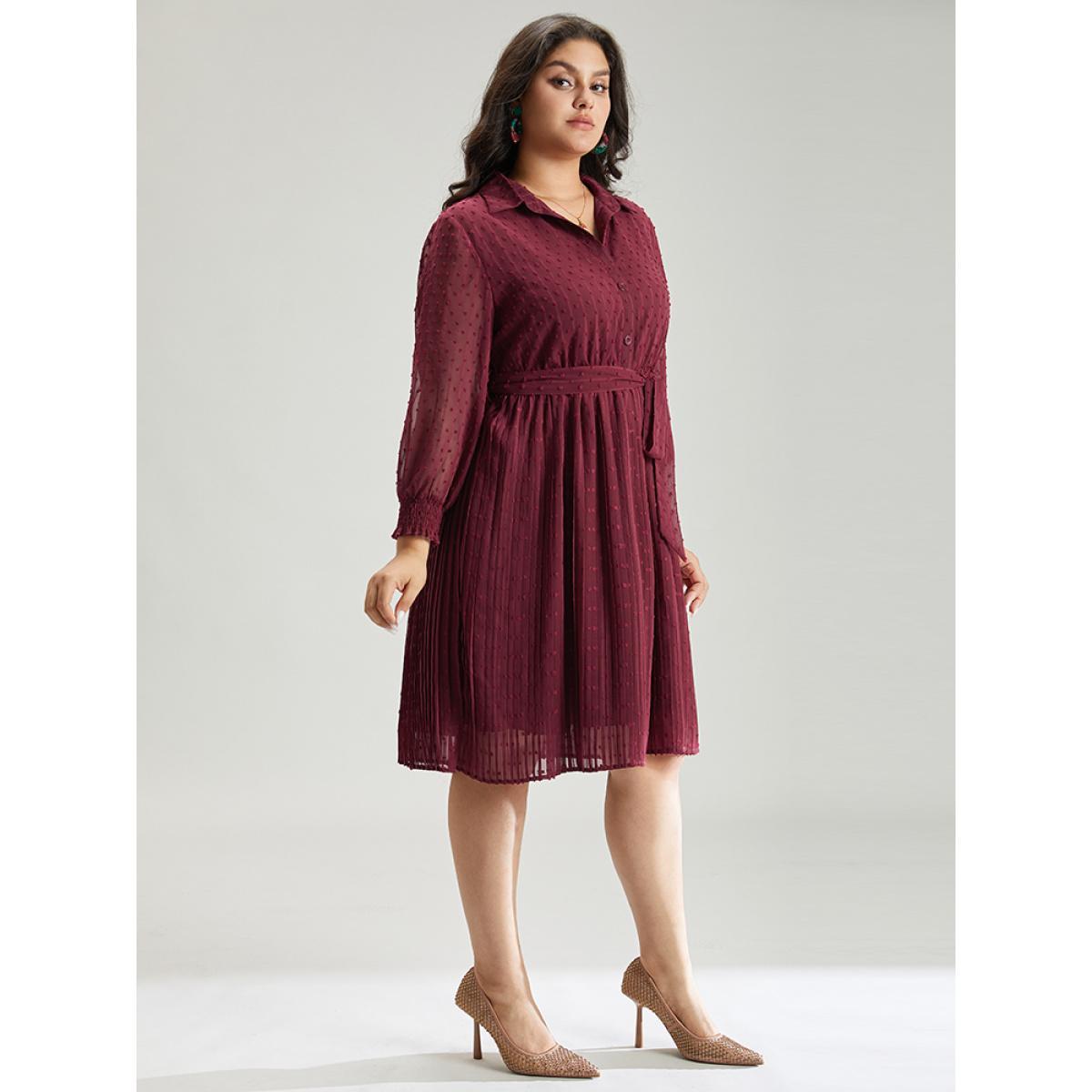 Plus Size Plain Textured Shirt Collar Gathered Belted Dress Scarlet Women Office Elastic cuffs Shirt collar Long Sleeve Curvy Midi Dress BloomChic 14-16/1X Product Image