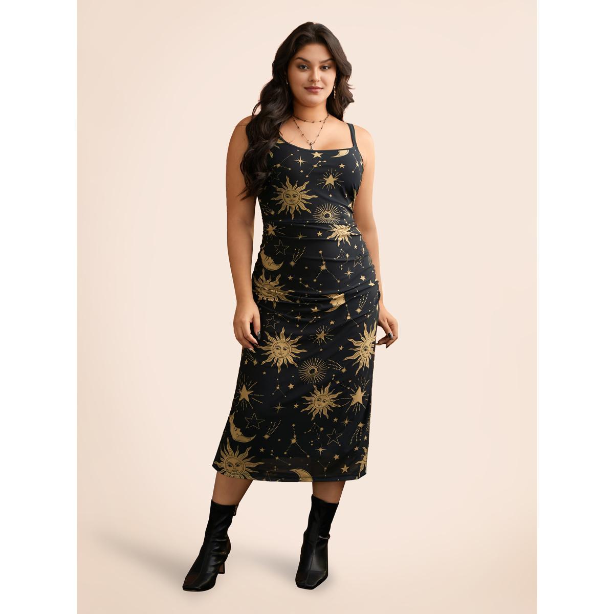 Plus Size Cami Starry Mesh Chiffon Midi Dress Black Women Cocktail Texture Party Curvy Bloomchic 12/L Product Image