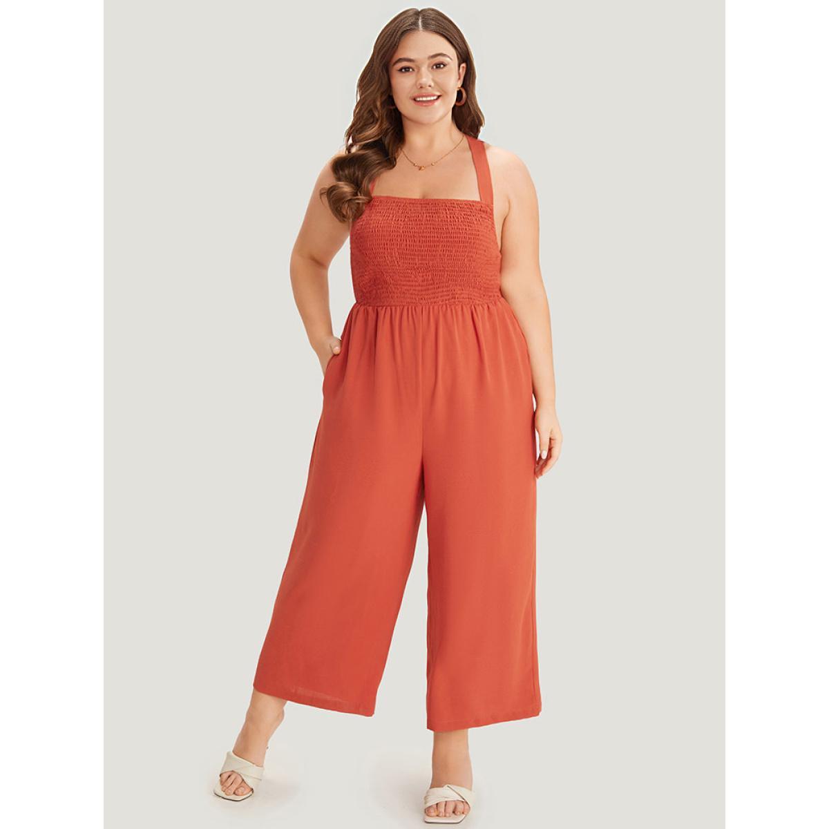 Plus Size Rust plain Gathered Shirred Pocket Cami Jumpsuit Women Elegant Sleeveless Spaghetti Strap Dailywear Loose Jumpsuits BloomChic 10/M Product Image