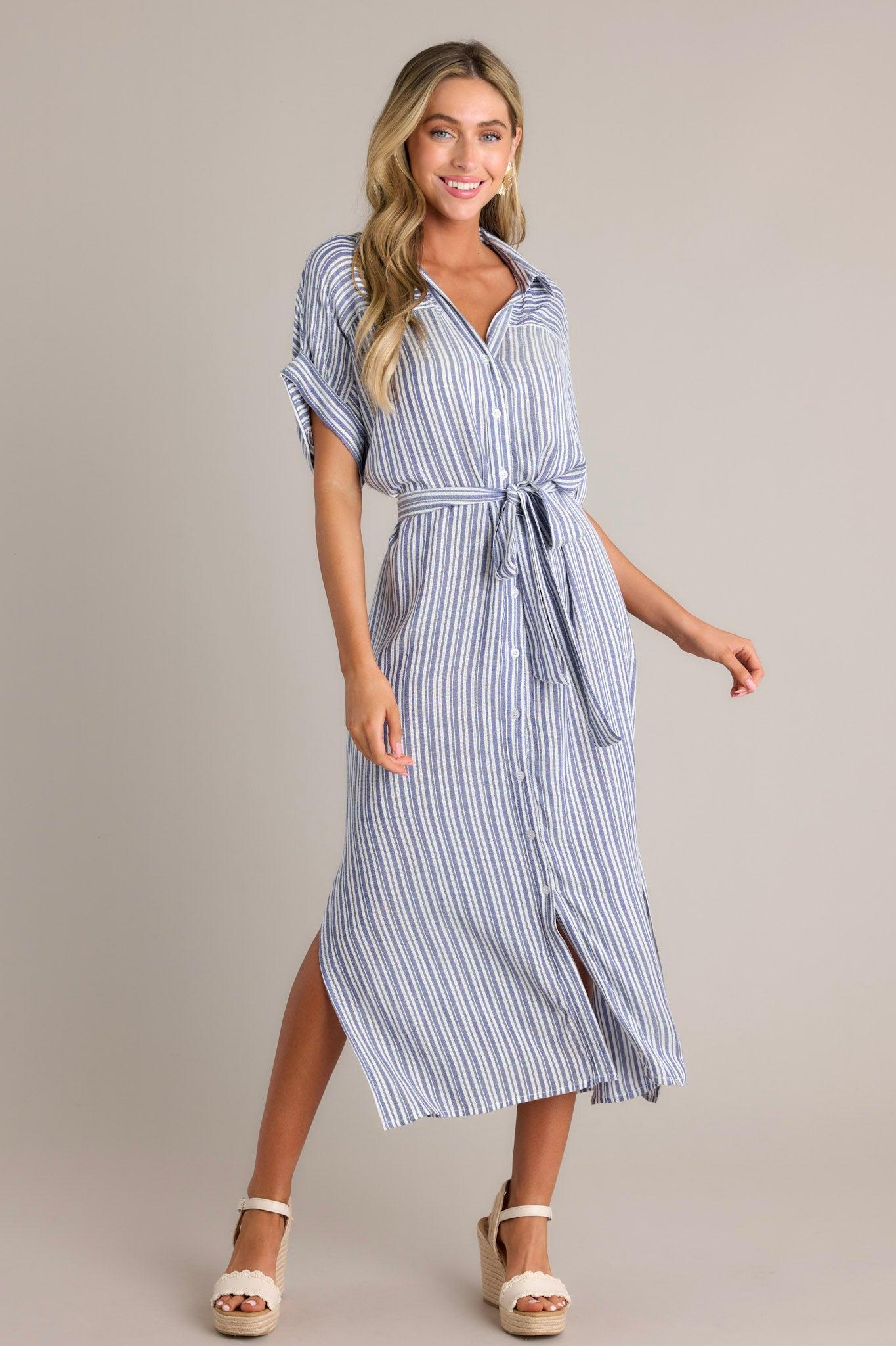 Embrace The Day Blue Stripe Midi Shirt Dress Product Image