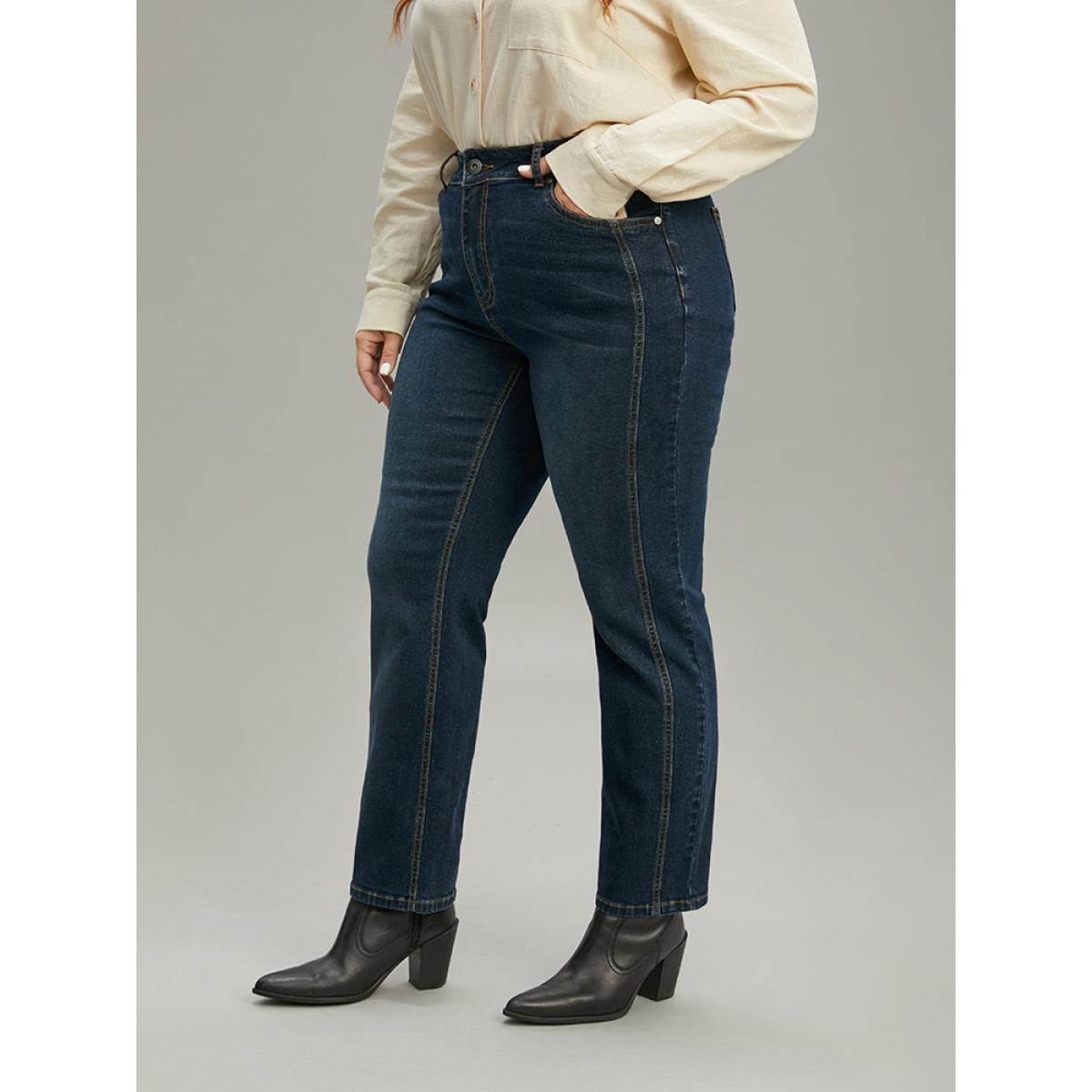 Plus Size Very Stretchy Seam Detail Stitch Jeans Women Indigo Casual Plain Plain High stretch Pocket Jeans BloomChic 22/3X Product Image